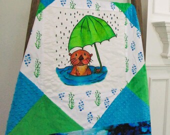 Handmade Sea Otter Luxe Minky Quilt Kids Coastal Beach Ocean Life Under the Sea Baby Shower Gift for Girl Boy Toddler Blanket Throw