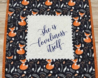 Girls Woodland Fox Quilted Wall Hanging or Table Topper Jane Austen Quote Nursery Decor She is Loveliness Itself