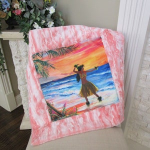 SALE Hawaiian Hula Dancer by the Ocean Luxe Minky Blanket Beach Sunset Girls Baby Shower Gift Hawaii Kauai Maui Oahu
