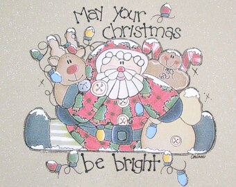 Santa Claus Reindeer Bright Christmas Fabric Panel: Country Gingerbread Man Candy Canes Snow Sparkle
