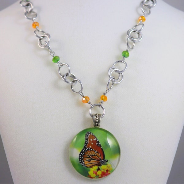 Butterfly Pendant Necklace Kamehameha Hawaii Native - Tropical Glass Butterfly Artisan Green Orange Beaded Necklace