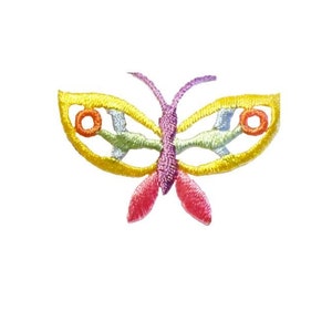 May include: A colorful embroidered butterfly patch with yellow wings, pink and purple body, and orange accents.