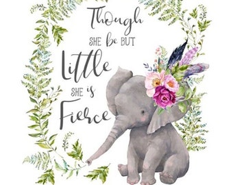 Baby Girls Cottagecore Elephant Roses Fabric Quilt Block: She is Little But Fierce Panel