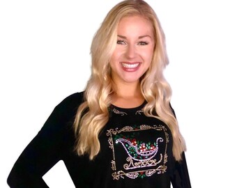 Christmas Sleigh Presents Rhinestone Bling Tunic: Black Slinky Travel Knit Top (Ladies S)