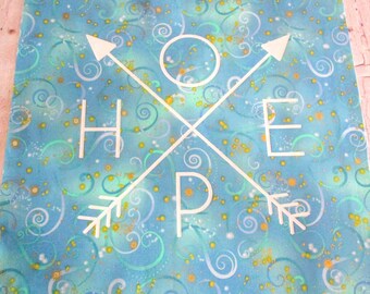 Hope Fabric Quilt Panel Turquoise Blue Gold Star Bursts Swirls~ Celebrate Encourage~ 17"