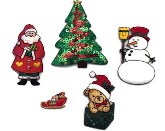 CHRISTMAS Embroidered Applique Set Tree Santa Sled Snowman Snow Globe Present Patch Iron On
