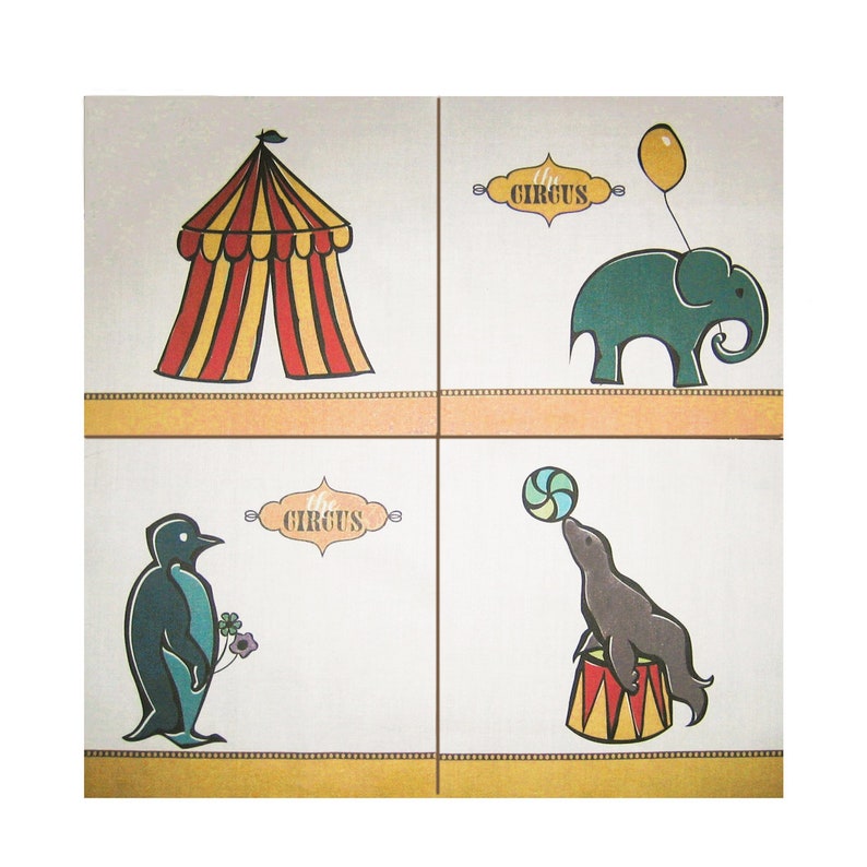 Kids Circus Big Top Tent Elephant Seal Penguin Your Choice 6.5 Fabric Quilt Square Block or Set All (4) Blocks Set