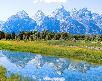 Grand Teton Snow Capped Mountains Trees Reflections in Water Fabric Quilt Panel
