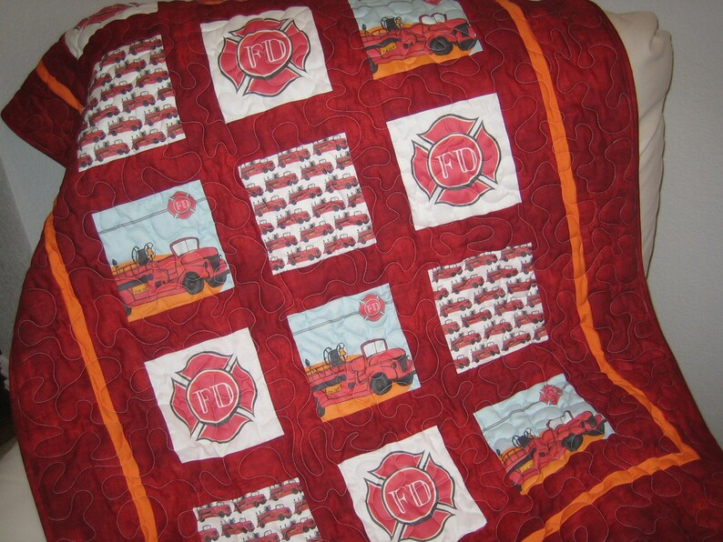 Red Fire Truck FIREMAN Fabric Panel Quilt Block Department Etsy