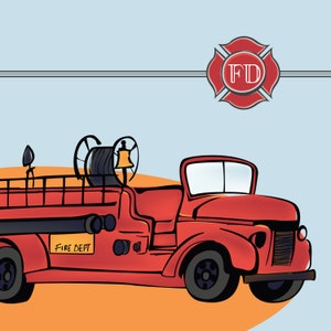 Red Fire Truck FIREMAN Fabric Panel Quilt Block Department Rescue Brave Kids Boys Girls Cotton