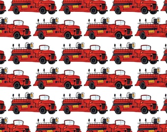 May include: A repeating pattern of red fire trucks with black wheels and yellow accents. Each truck has a ladder, a hose, and a bell. The trucks are all facing the same direction and are spaced evenly apart.