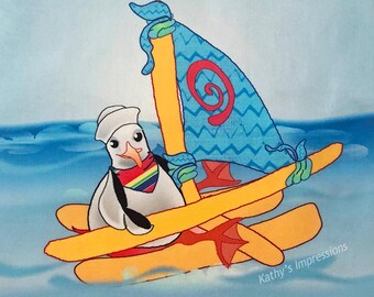 Kids Seagull Sailing Ocean Fabric Quilt Block Sailboat Sailor Girls Boys Beach Square