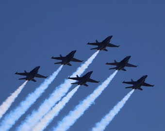 Blue Angels F-18 Jet Airplanes Fabric Quilt Panel Military Navy Jets Air Show Smoke