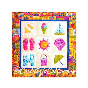 May include: A colorful quilt block with a summer theme. The block is made up of nine squares, each with a different image. The images include a swimsuit, ice cream cone, sailboat, flip flops, sun, seashell, sandcastle, bucket and shovel, and an umbrella.