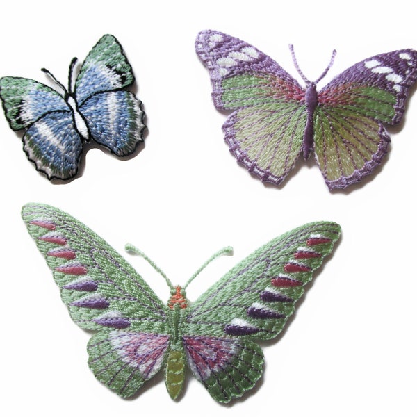 Pastel BUTTERFLY Embroidered Applique Patch Set~ (3) Green Lavender Purple Blue Butterfly Embroidered Appliques