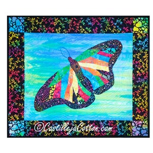 May include: A colorful butterfly quilt with a black background and a blue, green, and yellow sky. The butterfly is made of many different fabrics and has a black outline. The quilt is framed with a black border and a colorful floral pattern.