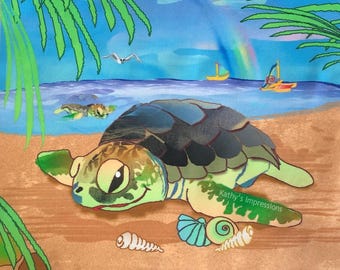 Sea Turtle Ocean Sandy Beach Fabric Quilt Block Square Shells Rainbow Palm Trees Kids