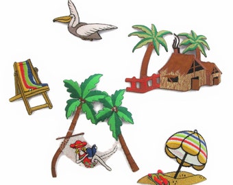 Tropical Beach Summer Embroidered Applique Patch Set: Palm Trees Tiki Hut Hammock Flip Flops