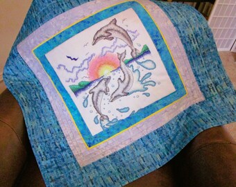 Tropical Dolphins Beach Sunrise Quilted Table Topper Coastal Wall Hanging Baby Quilt Throw~ 30"