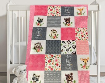Girls Woodland Animals Minky Handmade Baby Blanket Pink Gray Owl Deer Bear Raccoon Hedgehog
