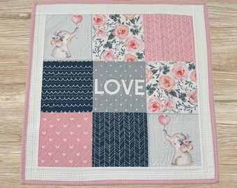 Elephants LOVE Cottagecore Roses Baby Girls Nursery Quilted Patchwork Wall Hanging or Table Topper