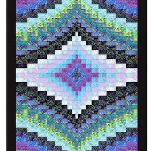 May include: A quilt pattern for a twin-sized bed, featuring a diamond design with a variety of colors, including blue, green, purple, and pink. The pattern is called "Twin Diamond" and is pre-cut strip friendly.