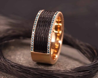 Horse hair ring 585 rose gold with treated blue diamonds
