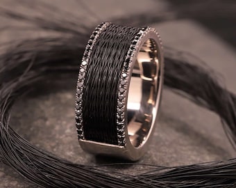 Horse hair ring 585 gray gold with black diamonds