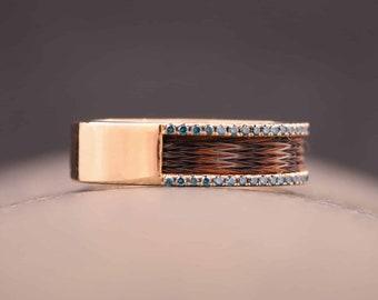 Horse hair ring 585 rose gold with blue diamonds