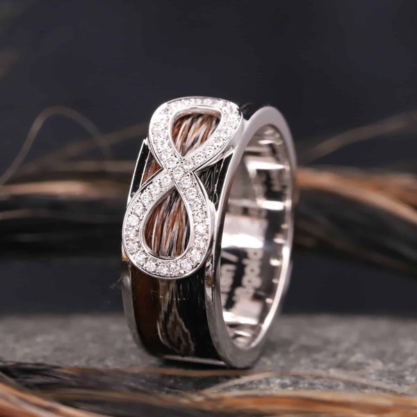 Bague en crin de cheval en or blanc 585 avec signe de l'infini et diamants