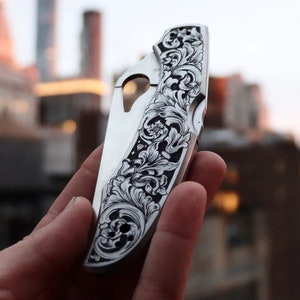 Hand Engraved Pocket Knife | Hand Engraved Stainless Steel SpyderCo Pocket Knife, Custom Engraving, Custom Hand Engraving, Custom Jewelry