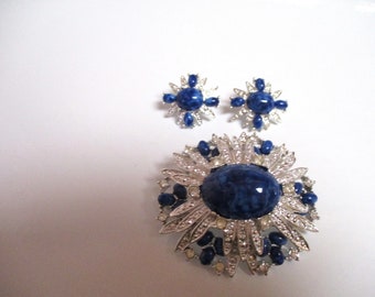 Vintage Sarah Coventry Faux Lapis Silvertone & Rhinestone Brooch and Earrings