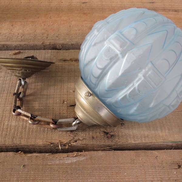 Authentic French Art Deco / Blue frosted Glass globe sphere Lamp shade / Vintage Light With chain and Ceiling Rose