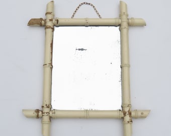 Miroir ancien en faux bambou, France - Avec vitre d'origine - Miroir en bois peint en blanc
