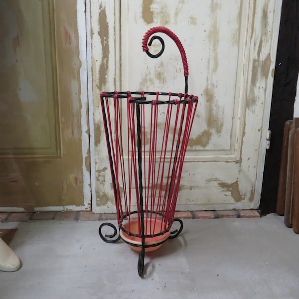 French vintage UMBRELLA and / or CANE STAND - European mid century retro with black iron with red wires - European Vintage
