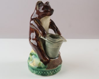 Antique 1800s Pyrogene - Figural bear Majolica porcelain firestone Barware Match Holder Striker - European Vintage