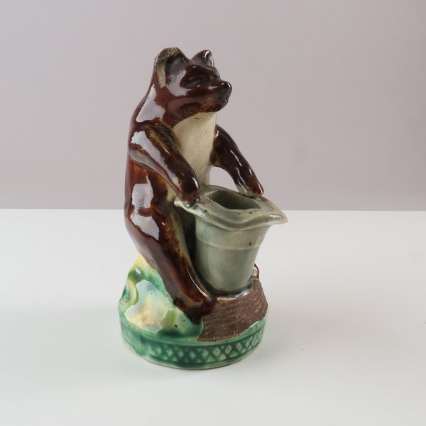 Antique 1800s Pyrogene - Figural bear Majolica porcelain firestone Barware Match Holder Striker - European Vintage