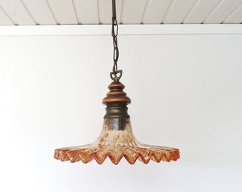 Lámpara colgante de cristal de Murano vintage - Pantalla de cristal ámbar transparente gruesa con accesorio de madera de latón - Iluminación vintage europea