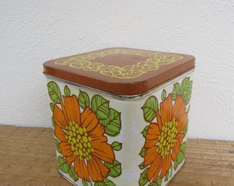 Retro TIN metal coffee BOX with scoop - 1970s orange floral container - European Vintage