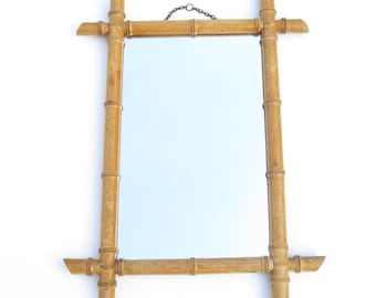 Miroir imitation bambou avec vitre d'origine - Miroir en bois brun antique