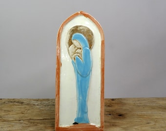 Roger GUERIN - Handgemachte Madonna Wandbehang - Belgische religiöse Keramik Steingut Keramik - Mid Century European Vintage