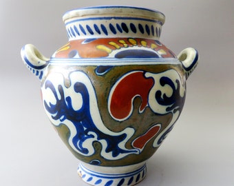 Antique 1905 -1910 Gouda Plateel Zuid Holland PZH - handpainted cache ceramic pot / vase with Rhodian pattern - Jugendstil Art Nouveau
