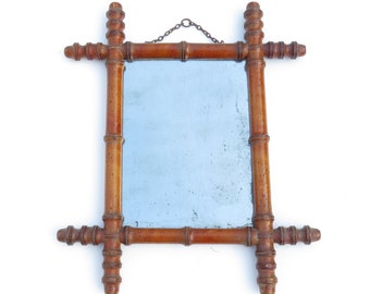 Miroir ancien en faux bambou, France avec vitre d'origine - Miroir en bois marron