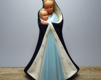 Signed THL - Madonna with child Statue - Beautiful painted plaster figurine - marked 1957 - 1950s European religious vintage