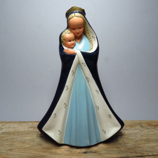 Signed THL - Madonna with child Statue - Beautiful painted plaster figurine - marked 1957 - 1950s European religious vintage