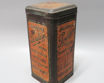 Antica scatola litografica in metallo TIN di Poulain France - contenitore per cacao e cioccolato da collezione degli anni '90 e '10 - Vintage europeo