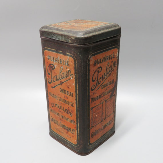 Antique Lithographic TIN Metal BOX par Poulain France Récipient de chocolat  au cacao de collection des années 1900 et 1910 Millésime européen -   France