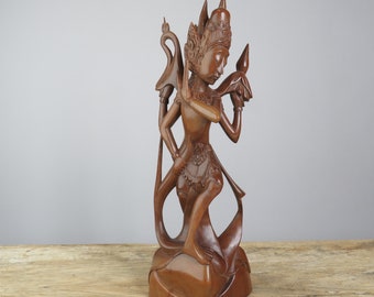 Bali Indonesia Hand Carved Saraswati female Sculpture - Balinese Wood Carving - Indonesian tropical Wooden Lady woman Figure - Asian Vintage