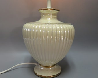 Lucide Belgium - creamy white ceramic table lamp with gold stripe - Hollywood Regency - European vintage lamps