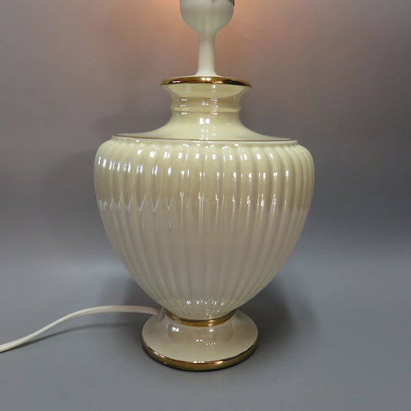 Lucide Belgium - creamy white ceramic table lamp with gold stripe - Hollywood Regency - European vintage lamps